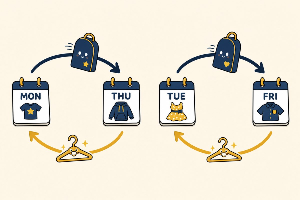 Cartoon loops showing Monday to Thursday and Tuesday to Friday bag swaps